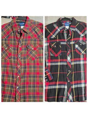 lot 2XL Wrangler Men's Flannel Pearl Snaps Button Down Up 1990s Western Cowboy